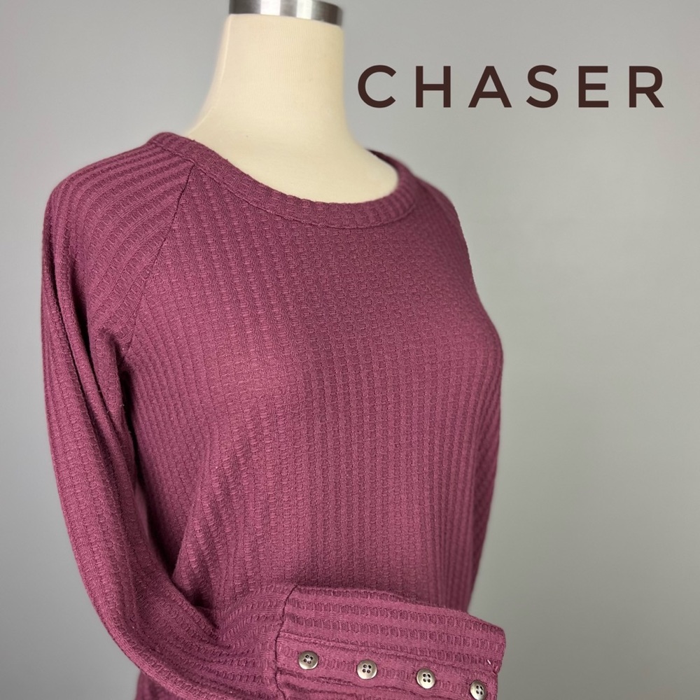 CHASER - Long sleeve Plum Waffle weave Button Cuff Shirt Small Burgundy Thermal